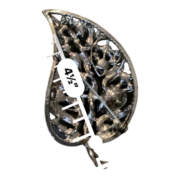 Vintage Elegant Silver and Black Leaf  Rhinestone Brooch - Picture 6 of 6